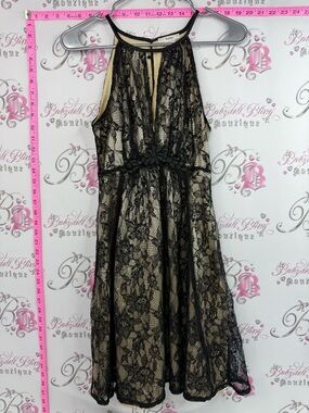 Esley dress halter cut outs Black Lace Overlay Mini Dress with Nude Underlay